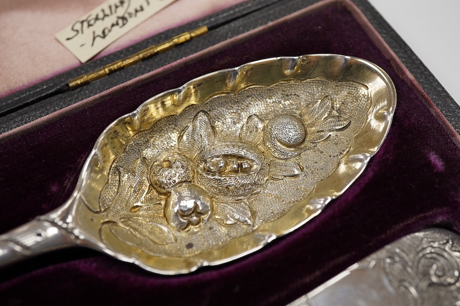 A matched pair of George III silver berry spoons, Dublin, 1808/9, one maker Kelly, the other John Power, 21.5cm, in later fitted case, together with a cased pair of George III Old English pattern berry spoons, London, 17
